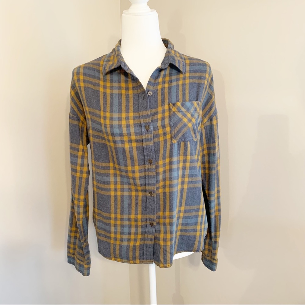 prAna Percy Organic Flannel Shirt Blue Gold Plaid Outdoor